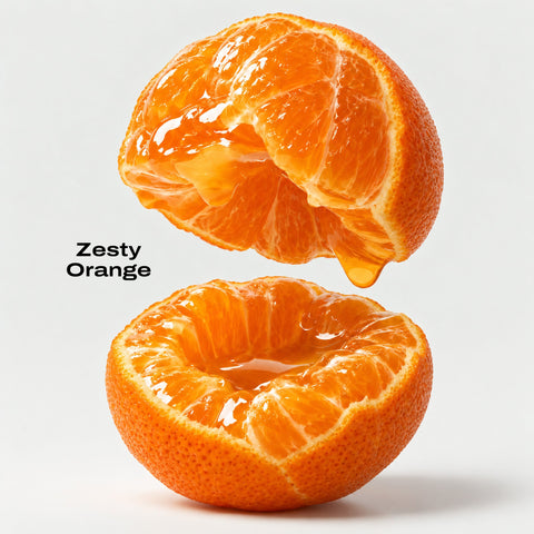 A glossy peeled orange half floating above a whole orange half on a light gray background, with the text 'Zesty Orange' to the left. The fruit is shown in bright orange tones with translucent juice.
